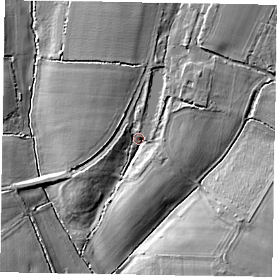 Shaded relief map of the ground around PO203TP, computed from Environment Agency LiDAR. The ground here sits at about 5 m above sea level and falls 9 m across the surrounding 800 m. Surface water reaching this point runs off ground lying to the north-north-east, 6.5 m higher.