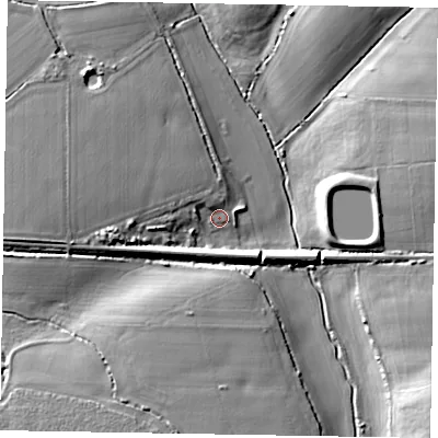 Shaded relief map of the ground around PO203TR, computed from Environment Agency LiDAR. The ground here sits at about 4 m above sea level and falls 11 m across the surrounding 800 m. Surface water reaching this point runs off ground lying to the north-west, 3.3 m higher.