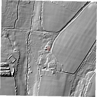Shaded relief map of the ground around PO203TT, computed from Environment Agency LiDAR. The ground here sits at about 9 m above sea level and falls 11 m across the surrounding 800 m. Surface water reaching this point runs off ground lying to the north-east, 5.0 m higher.