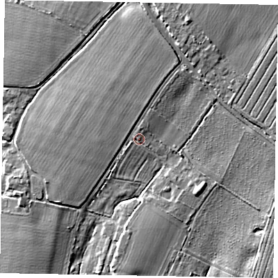 Shaded relief map of the ground around PO203UB, computed from Environment Agency LiDAR. The ground here sits at about 11 m above sea level and falls 9 m across the surrounding 800 m. Surface water reaching this point runs off ground lying to the north-north-east, 2.0 m higher.