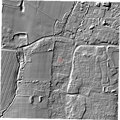 Shaded relief map of the ground around PO203UD, computed from Environment Agency LiDAR. The ground here sits at about 10 m above sea level and falls 9 m across the surrounding 800 m. Surface water reaching this point runs off ground lying to the north-west, 2.8 m higher.