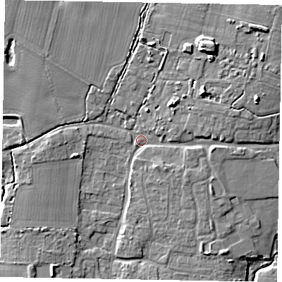 Shaded relief map of the ground around PO203UG, computed from Environment Agency LiDAR. The ground here sits at about 11 m above sea level and falls 12 m across the surrounding 800 m. Surface water reaching this point runs off ground lying to the north-east, 7.5 m higher.