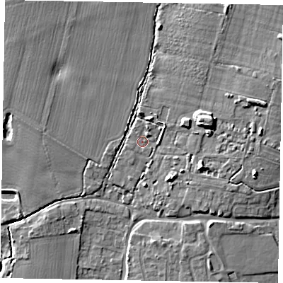 Shaded relief map of the ground around PO203UH, computed from Environment Agency LiDAR. The ground here sits at about 12 m above sea level and falls 8 m across the surrounding 800 m. Surface water reaching this point runs off ground lying to the north-north-east, 1.5 m higher.