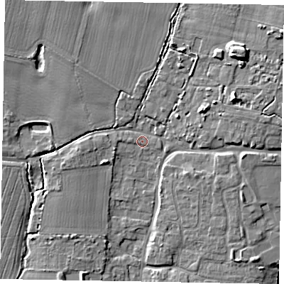 Shaded relief map of the ground around PO203UJ, computed from Environment Agency LiDAR. The ground here sits at about 11 m above sea level and falls 11 m across the surrounding 800 m. Surface water reaching this point runs off ground lying to the north-west, 4.7 m higher.