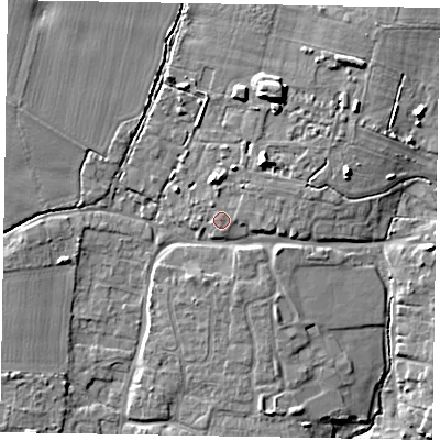 Shaded relief map of the ground around PO203UN, computed from Environment Agency LiDAR. The ground here sits at about 12 m above sea level and falls 12 m across the surrounding 800 m. Surface water reaching this point runs off ground lying to the east-north-east, 1.9 m higher.