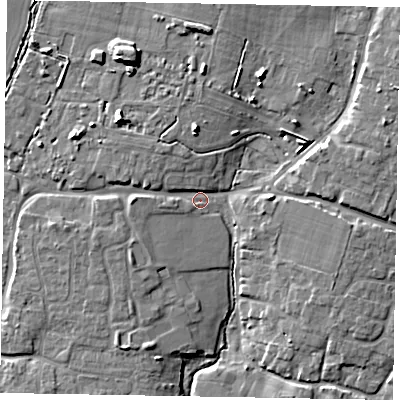 Shaded relief map of the ground around PO203UP, computed from Environment Agency LiDAR. The ground here sits at about 11 m above sea level and falls 12 m across the surrounding 800 m. Surface water reaching this point runs off ground lying to the north-west, 3.2 m higher.