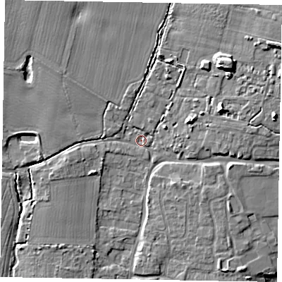 Shaded relief map of the ground around PO203UQ, computed from Environment Agency LiDAR. The ground here sits at about 11 m above sea level and falls 11 m across the surrounding 800 m. Surface water reaching this point runs off ground lying to the north-west, 4.6 m higher.