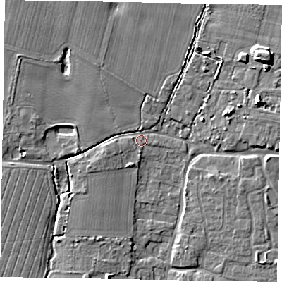 Shaded relief map of the ground around PO203US, computed from Environment Agency LiDAR. The ground here sits at about 12 m above sea level and falls 9 m across the surrounding 800 m. Surface water reaching this point runs off ground lying to the north-west, 5.0 m higher.