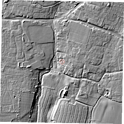 Shaded relief map of the ground around PO203UT, computed from Environment Agency LiDAR. The ground here sits at about 10 m above sea level and falls 12 m across the surrounding 800 m. Surface water reaching this point runs off ground lying to the east, 3.6 m higher.