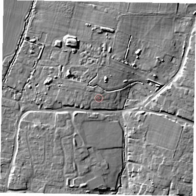 Shaded relief map of the ground around PO203UW, computed from Environment Agency LiDAR. The ground here sits at about 13 m above sea level and falls 11 m across the surrounding 800 m. Surface water reaching this point runs off ground lying to the north-west, 1.2 m higher.