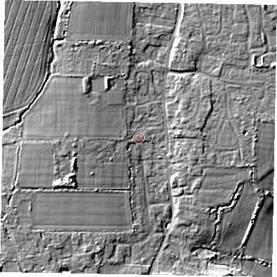 Shaded relief map of the ground around PO203WH, computed from Environment Agency LiDAR. The ground here sits at about 9 m above sea level and falls 9 m across the surrounding 800 m. Surface water reaching this point runs off ground lying to the west-south-west, 1.2 m higher.