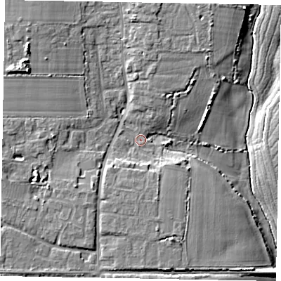 Shaded relief map of the ground around PO203XL, computed from Environment Agency LiDAR. The ground here sits at about 7 m above sea level and falls 12 m across the surrounding 800 m. Surface water reaching this point runs off ground lying to the west-north-west, 8.0 m higher.