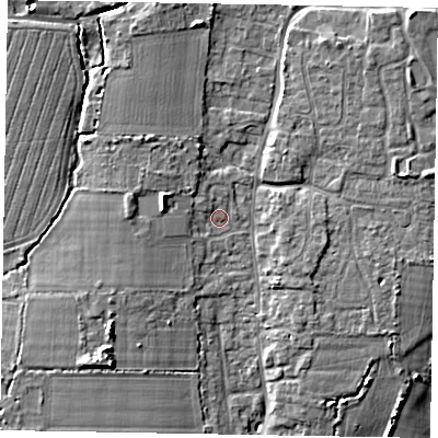 Shaded relief map of the ground around PO203YA, computed from Environment Agency LiDAR. The ground here sits at about 9 m above sea level and falls 9 m across the surrounding 800 m. Surface water reaching this point runs off ground lying to the north-north-west, 2.0 m higher.