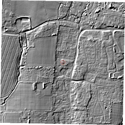 Shaded relief map of the ground around PO203YL, computed from Environment Agency LiDAR. The ground here sits at about 10 m above sea level and falls 9 m across the surrounding 800 m. Surface water reaching this point runs off ground lying to the west, 1.1 m higher.