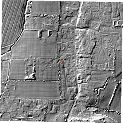 Shaded relief map of the ground around PO203YX, computed from Environment Agency LiDAR. The ground here sits at about 9 m above sea level and falls 10 m across the surrounding 800 m. Surface water reaching this point runs off ground lying to the west, 1.5 m higher.