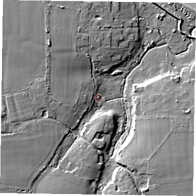 Shaded relief map of the ground around PO207AA, computed from Environment Agency LiDAR. The ground here sits at about 2 m above sea level and falls 11 m across the surrounding 800 m. Surface water reaching this point runs off ground lying to the west, 4.5 m higher.