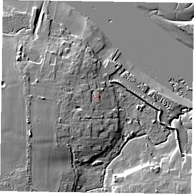 Shaded relief map of the ground around PO207AD, computed from Environment Agency LiDAR. The ground here sits at about 5 m above sea level and falls 12 m across the surrounding 800 m. Surface water reaching this point runs off ground lying to the west, 1.5 m higher.