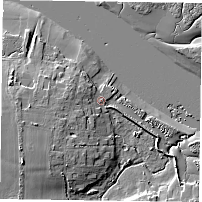 Shaded relief map of the ground around PO207AG, computed from Environment Agency LiDAR. The ground here sits at about 3 m above sea level and falls 12 m across the surrounding 800 m. Surface water reaching this point runs off ground lying to the west-south-west, 5.6 m higher.