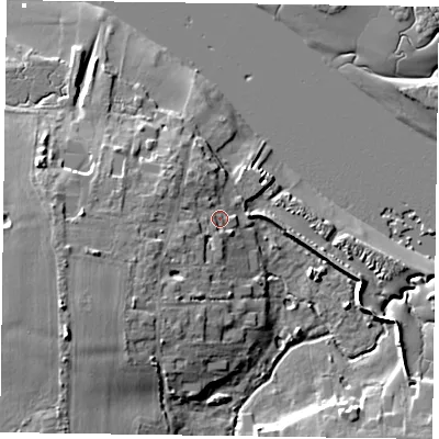 Shaded relief map of the ground around PO207AQ, computed from Environment Agency LiDAR. The ground here sits at about 4 m above sea level and falls 12 m across the surrounding 800 m. Surface water reaching this point runs off ground lying to the west-south-west, 4.7 m higher.