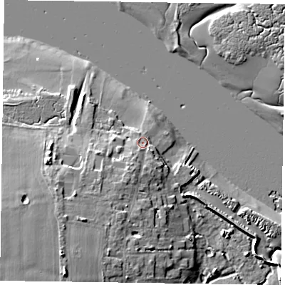 Shaded relief map of the ground around PO207AW, computed from Environment Agency LiDAR. The ground here sits at about 3 m above sea level and falls 12 m across the surrounding 800 m. Surface water reaching this point runs off ground lying to the south-south-west, 4.2 m higher.