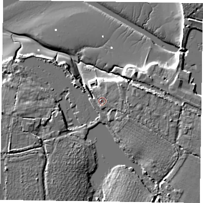 Shaded relief map of the ground around PO207BB, computed from Environment Agency LiDAR. The ground here sits at about 4 m above sea level and falls 10 m across the surrounding 800 m. Surface water reaching this point runs off ground lying to the east-north-east, 2.5 m higher.
