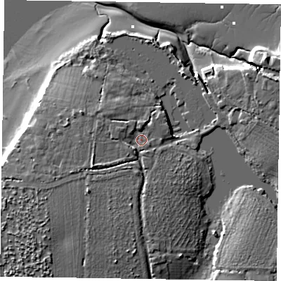 Shaded relief map of the ground around PO207BG, computed from Environment Agency LiDAR. The ground here sits at about 5 m above sea level and falls 10 m across the surrounding 800 m. Surface water reaching this point runs off ground lying to the west-south-west, 3.4 m higher.