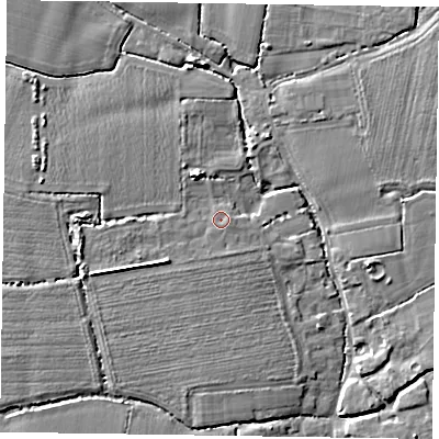 Shaded relief map of the ground around PO207BN, computed from Environment Agency LiDAR. The ground here sits at about 5 m above sea level and falls 6 m across the surrounding 800 m. Surface water reaching this point runs off ground lying to the south-west, 2.2 m higher.