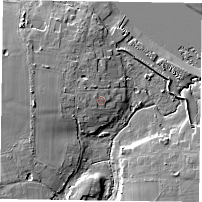 Shaded relief map of the ground around PO207BP, computed from Environment Agency LiDAR. The ground here sits at about 5 m above sea level and falls 12 m across the surrounding 800 m. Surface water reaching this point runs off ground lying to the west-north-west, 1.4 m higher.