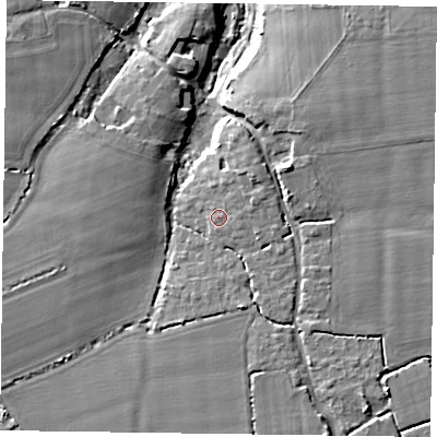 Shaded relief map of the ground around PO207DF, computed from Environment Agency LiDAR. The ground here sits at about 5 m above sea level and falls 9 m across the surrounding 800 m. Surface water reaching this point runs off ground lying to the east-north-east, 2.5 m higher.