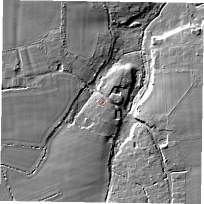 Shaded relief map of the ground around PO207DL, computed from Environment Agency LiDAR. The ground here sits at about 5 m above sea level and falls 9 m across the surrounding 800 m. Surface water reaching this point runs off ground lying to the south-south-west, 1.4 m higher.