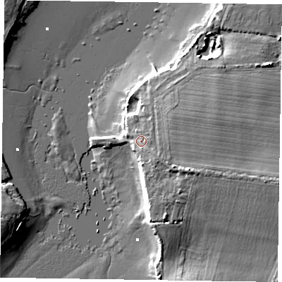 Shaded relief map of the ground around PO207EE, computed from Environment Agency LiDAR. The ground here sits at about 6 m above sea level and falls 10 m across the surrounding 800 m. Surface water reaching this point runs off ground lying to the south-east, 1.4 m higher.