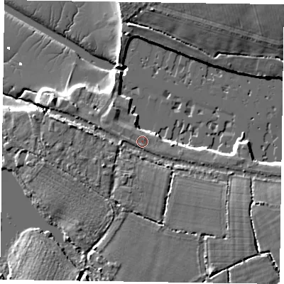 Shaded relief map of the ground around PO207EJ, computed from Environment Agency LiDAR. The ground here sits at about 4 m above sea level and falls 10 m across the surrounding 800 m. Surface water reaching this point runs off ground lying to the west-south-west, 2.3 m higher.