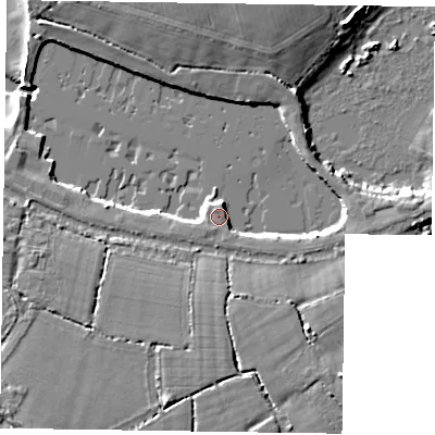 Shaded relief map of the ground around PO207EN, computed from Environment Agency LiDAR. The ground here sits at about 4 m above sea level and falls 10 m across the surrounding 800 m. Surface water reaching this point runs off ground lying to the south-east, 6.2 m higher.