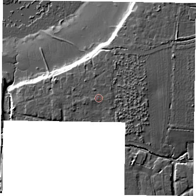 Shaded relief map of the ground around PO207HJ, computed from Environment Agency LiDAR. The ground here sits at about 7 m above sea level and falls 10 m across the surrounding 800 m. The ground contributing surface water to this point lies to the west.