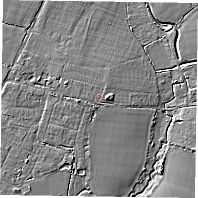 Shaded relief map of the ground around PO207JJ, computed from Environment Agency LiDAR. The ground here sits at about 6 m above sea level and falls 7 m across the surrounding 800 m. Surface water reaching this point runs off ground lying to the north-north-east, 1.1 m higher.