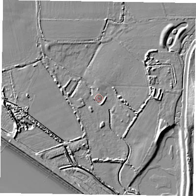 Shaded relief map of the ground around PO207JP, computed from Environment Agency LiDAR. The ground here sits at about 3 m above sea level and falls 10 m across the surrounding 800 m. Surface water reaching this point runs off ground lying to the north-east, 6.3 m higher.