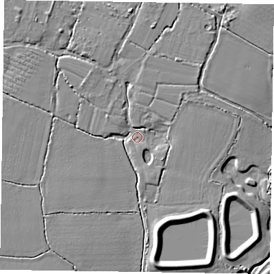 Shaded relief map of the ground around PO207JS, computed from Environment Agency LiDAR. The ground here sits at about 4 m above sea level and falls 7 m across the surrounding 800 m. Surface water reaching this point runs off ground lying to the north, 3.7 m higher.