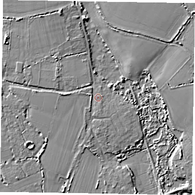 Shaded relief map of the ground around PO207LR, computed from Environment Agency LiDAR. The ground here sits at about 4 m above sea level and falls 7 m across the surrounding 800 m. Surface water reaching this point runs off ground lying to the west, 2.1 m higher.