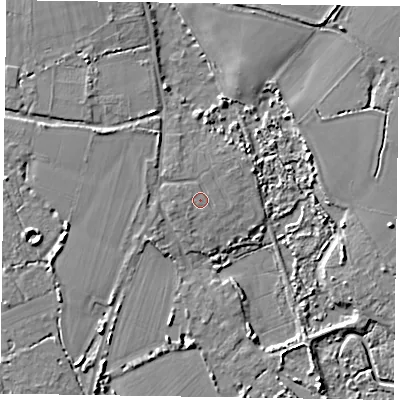 Shaded relief map of the ground around PO207LT, computed from Environment Agency LiDAR. The ground here sits at about 4 m above sea level and falls 6 m across the surrounding 800 m. Surface water reaching this point runs off ground lying to the west-north-west, 0.9 m higher.
