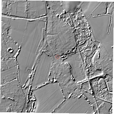 Shaded relief map of the ground around PO207LU, computed from Environment Agency LiDAR. The ground here sits at about 3 m above sea level and falls 6 m across the surrounding 800 m. Surface water reaching this point runs off ground lying to the south-south-west, 3.6 m higher.