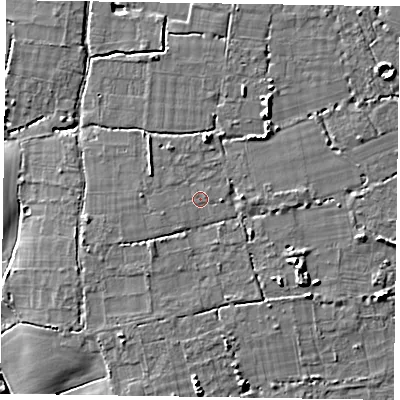 Shaded relief map of the ground around PO207LW, computed from Environment Agency LiDAR. The ground here sits at about 5 m above sea level and falls 9 m across the surrounding 800 m. Surface water reaching this point runs off ground lying to the north-north-west, 1.0 m higher.