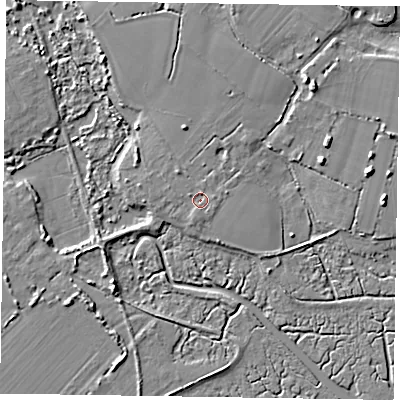 Shaded relief map of the ground around PO207LX, computed from Environment Agency LiDAR. The ground here sits at about 3 m above sea level and falls 6 m across the surrounding 800 m. Surface water reaching this point runs off ground lying to the north-west, 1.5 m higher.