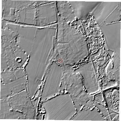 Shaded relief map of the ground around PO207LZ, computed from Environment Agency LiDAR. The ground here sits at about 4 m above sea level and falls 6 m across the surrounding 800 m. Surface water reaching this point runs off ground lying to the south-west, 2.1 m higher.