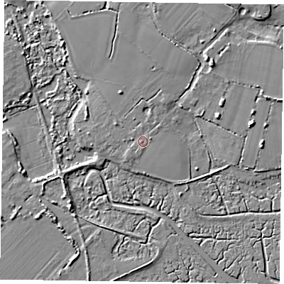 Shaded relief map of the ground around PO207NB, computed from Environment Agency LiDAR. The ground here sits at about 4 m above sea level and falls 7 m across the surrounding 800 m. Surface water reaching this point runs off ground lying to the east-north-east, 0.8 m higher.