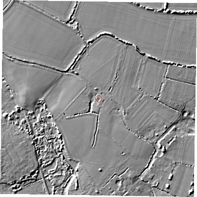 Shaded relief map of the ground around PO207ND, computed from Environment Agency LiDAR. The ground here sits at about 4 m above sea level and falls 7 m across the surrounding 800 m. Surface water reaching this point runs off ground lying to the south, 1.6 m higher.