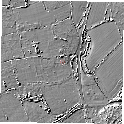 Shaded relief map of the ground around PO207NF, computed from Environment Agency LiDAR. The ground here sits at about 4 m above sea level and falls 7 m across the surrounding 800 m. Surface water reaching this point runs off ground lying to the west-north-west, 2.8 m higher.