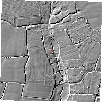 Shaded relief map of the ground around PO207NN, computed from Environment Agency LiDAR. The ground here sits at about 3 m above sea level and falls 7 m across the surrounding 800 m. Surface water reaching this point runs off ground lying to the north-east, 5.5 m higher.