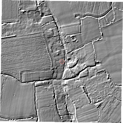 Shaded relief map of the ground around PO207NR, computed from Environment Agency LiDAR. The ground here sits at about 4 m above sea level and falls 7 m across the surrounding 800 m. Surface water reaching this point runs off ground lying to the west, 3.6 m higher.