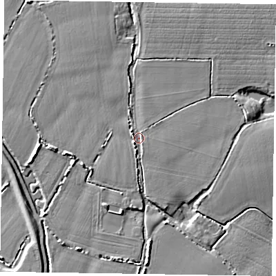 Shaded relief map of the ground around PO207NX, computed from Environment Agency LiDAR. The ground here sits at about 4 m above sea level and falls 6 m across the surrounding 800 m. Surface water reaching this point runs off ground lying to the west, 2.3 m higher.