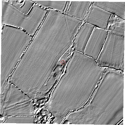 Shaded relief map of the ground around PO207NY, computed from Environment Agency LiDAR. The ground here sits at about 4 m above sea level and falls 6 m across the surrounding 800 m. Surface water reaching this point runs off ground lying to the south-south-east, 1.3 m higher.